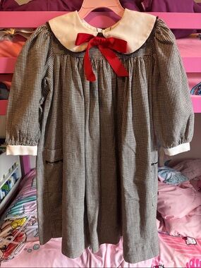 Girls Black & White Houndstooth Dress with Red Bow